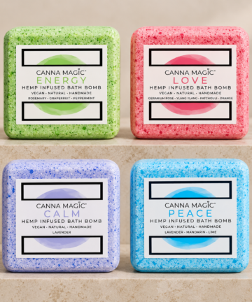 Four Canna Magic labelled bath bombs arranged in a two-by-two grid