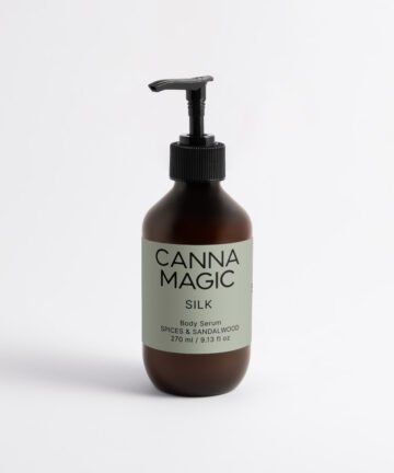 Canna Magic SILK Spices & Sandalwood Body Serum 270 ml with sage label and black pump