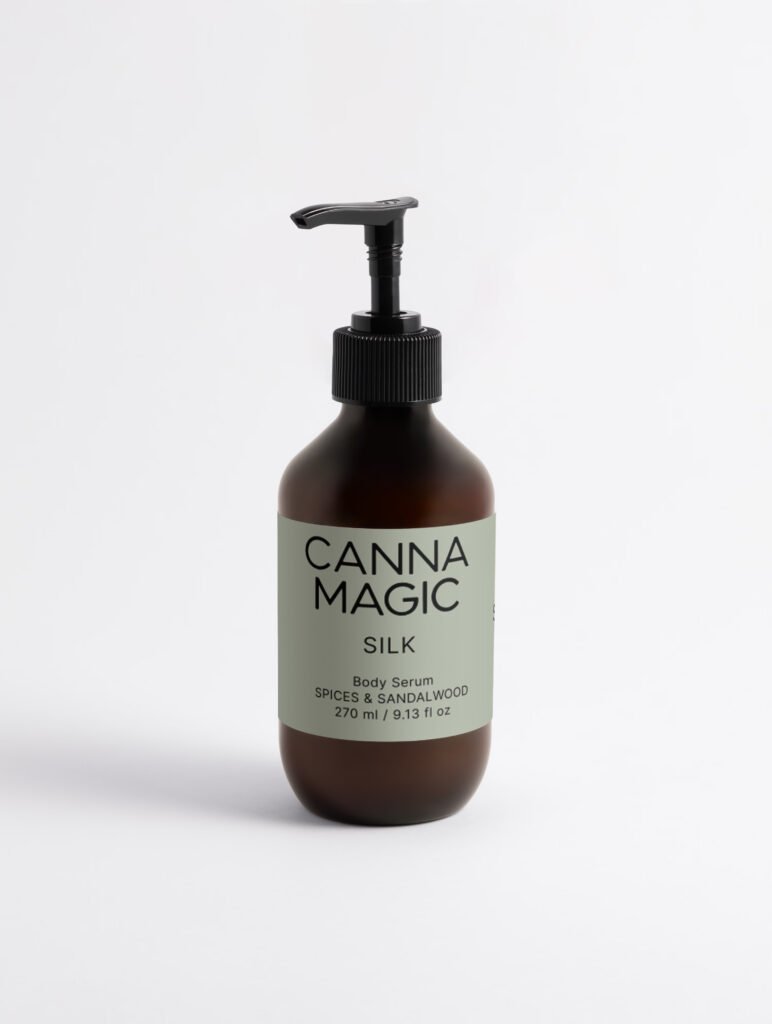 Canna Magic SILK Spices & Sandalwood Body Serum 270 ml with sage label and black pump