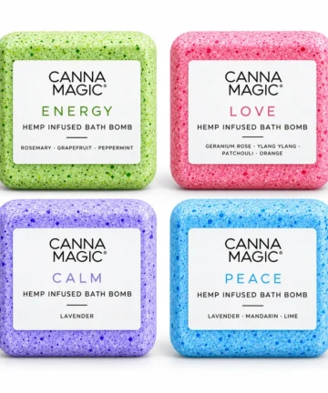 Four Canna Magic bath bombs showing available scent colours