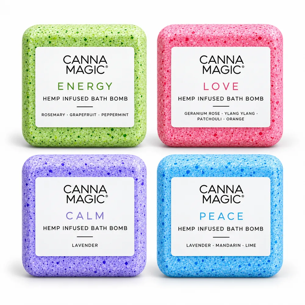 Four Canna Magic bath bombs showing available scent colours
