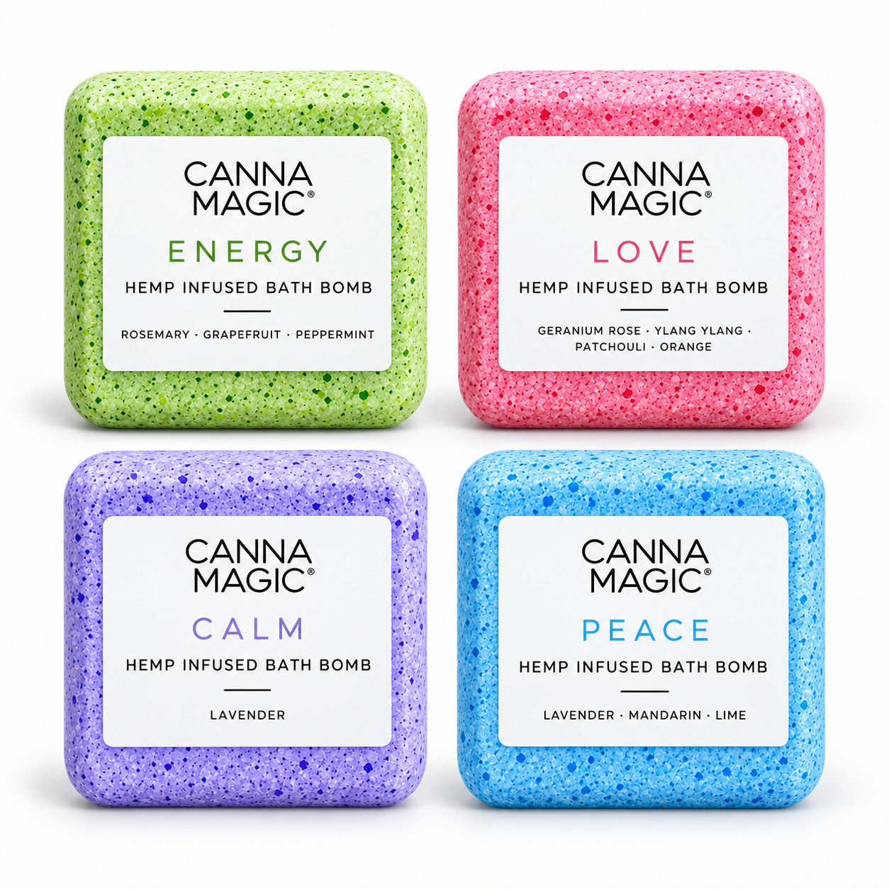 Four Canna Magic bath bombs on white background